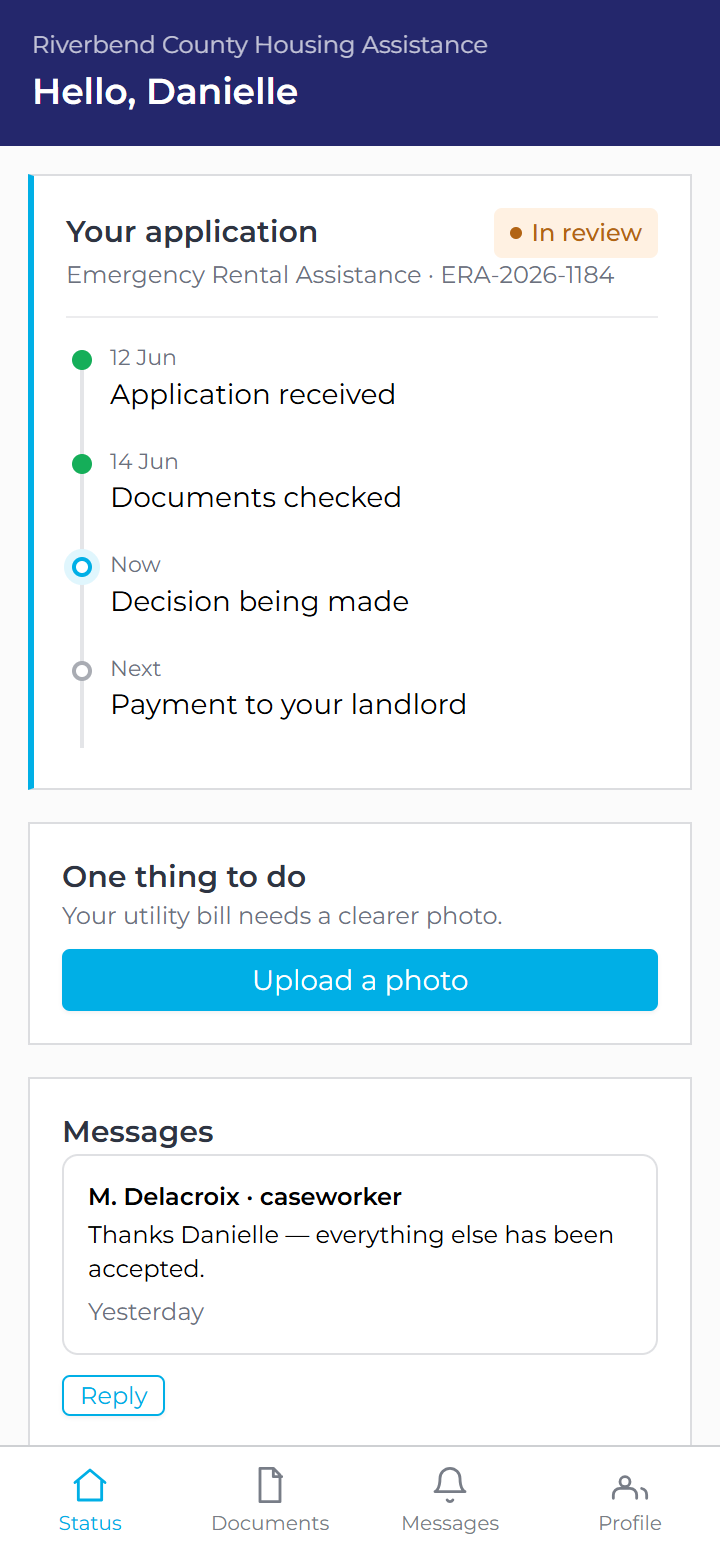 Conductor for Household Assistance — applicant portal, mobile view (illustrative product view)