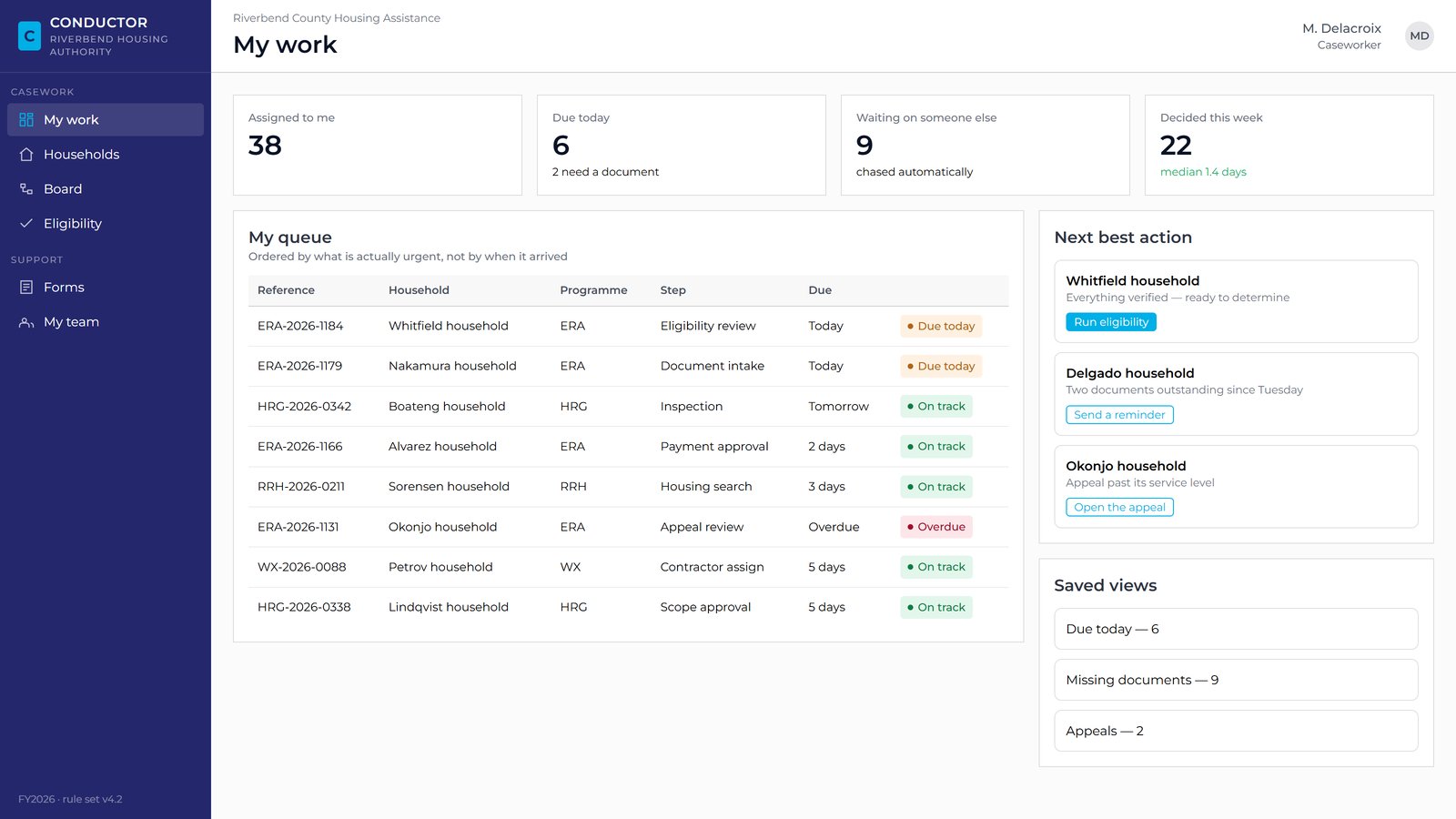 Conductor for Household Assistance — caseworker workspace (illustrative product view)
