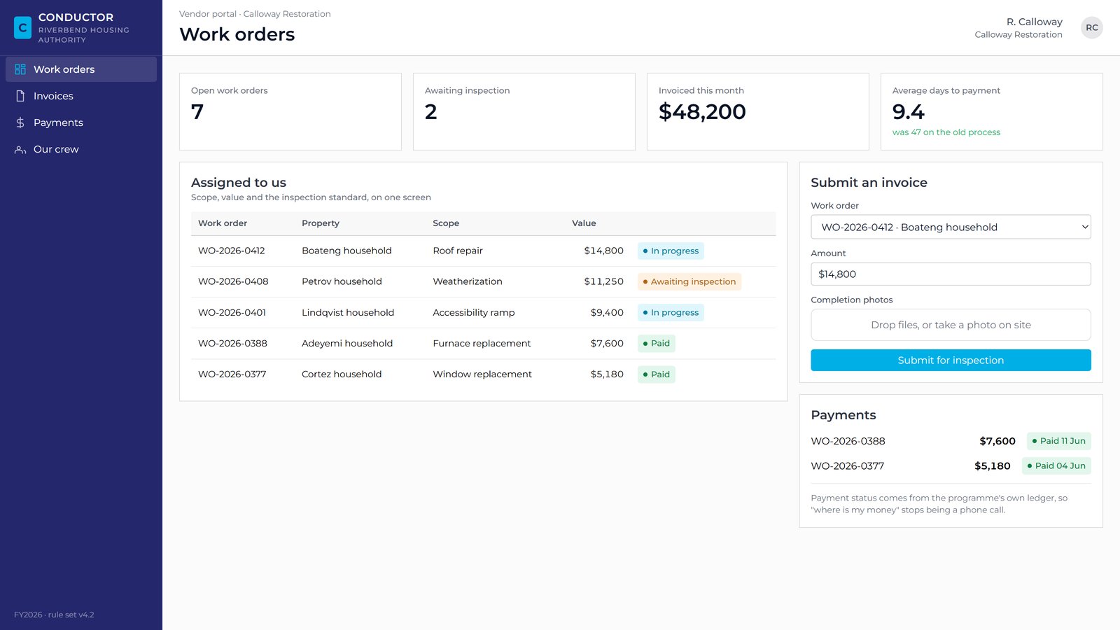 Conductor for Household Assistance — vendor portal (illustrative product view)