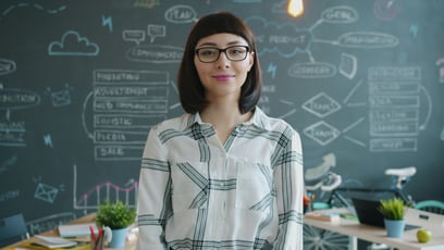 Portrait of a smiling woman with dark hair and glasses, standing in a modern office with a large blackboard wall covered in a mind map, business diagrams, and ideas drawn in white chalk.