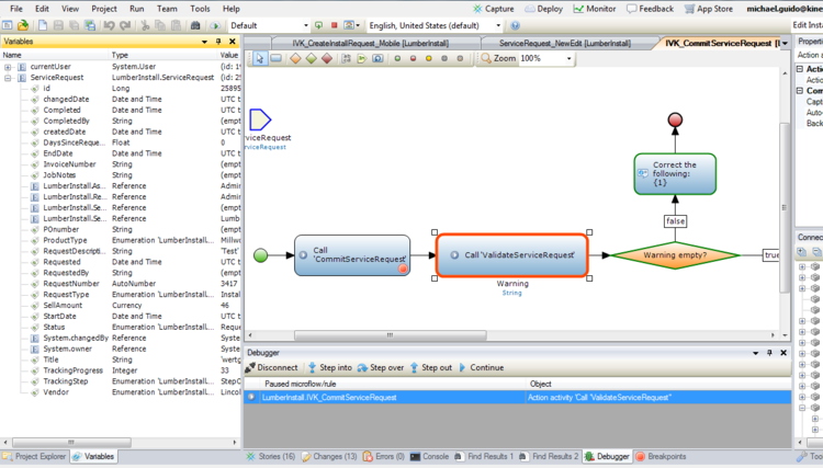 Visual Debugging in Mendix. Left panel depicts Input parameters /available attribute values for inspection (or confirmation), Middle Panel depicts control in debugger panel (step into, step over, step out, continue), and Center Panel depicts microflow with red highlighted subflow indicating where in the execution the application / debugger is.