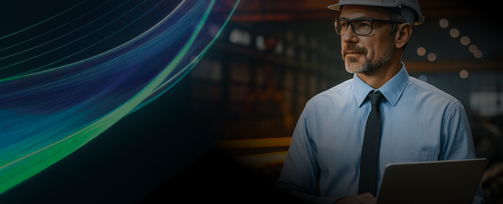 An industrial manager or engineer on-site in a modern factory. He wears a hard hat and holds a laptop, representing the intersection of manufacturing, technology, and data-driven management.